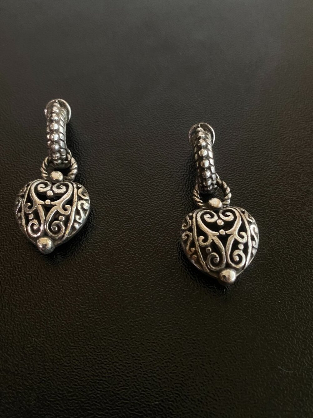 Brighton Silver Heart Dangle Earrings Scrollwork Filigree Hoop Drop Earrings